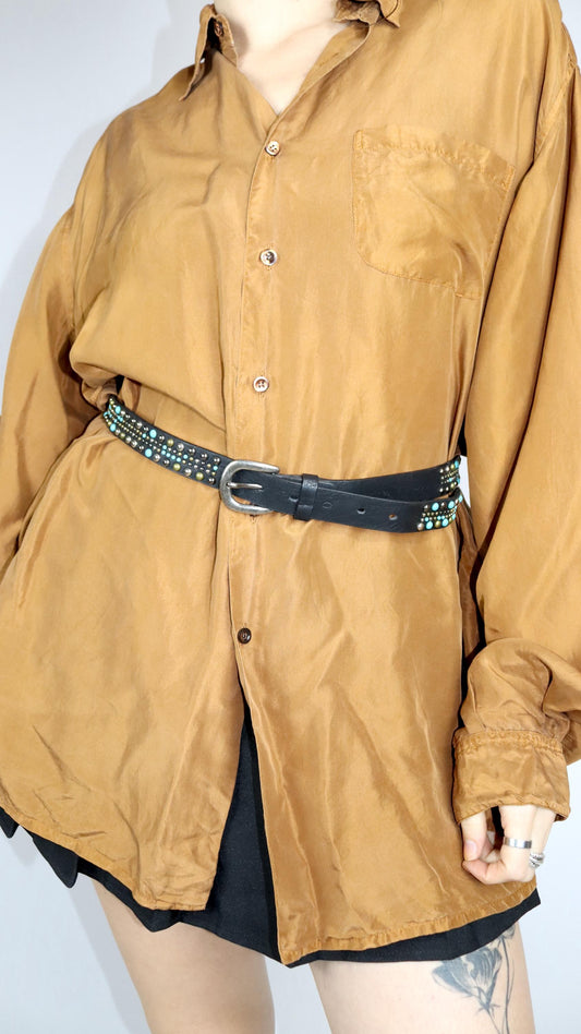 Vintage 80er 90er Gürtel schwarz schmal Nieten Steinchen silber blau Made in Italy 90 cm