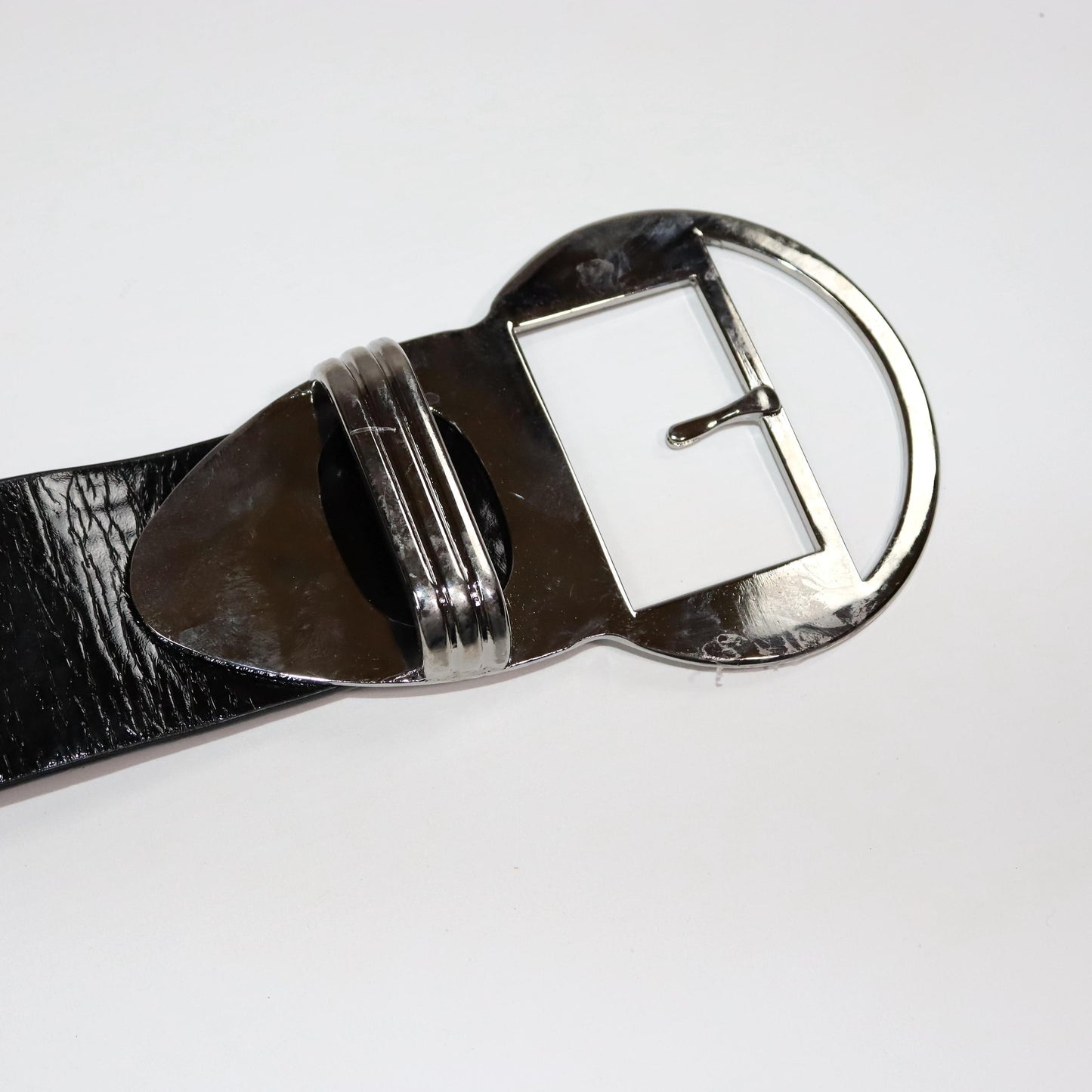 Vintage 80s 90s belt black wide large buckle silver Made in Italy 95 cm