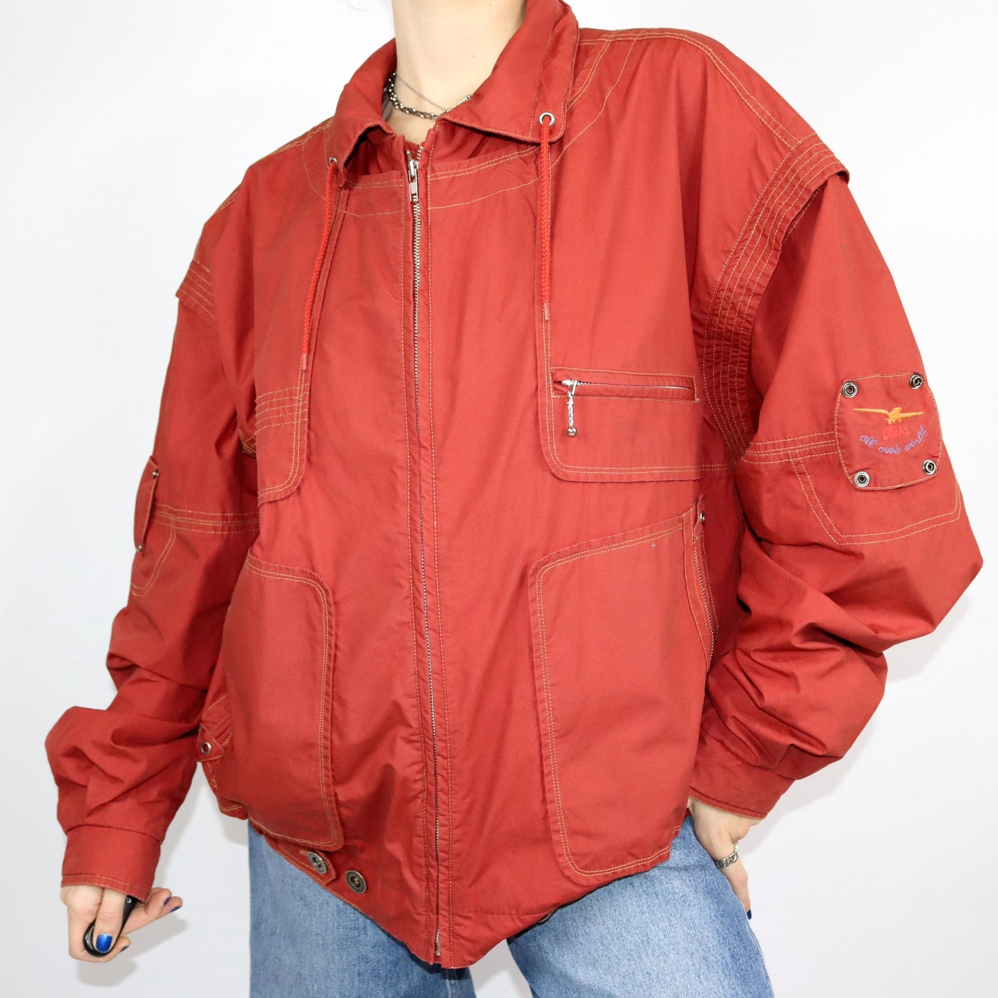 Vintage 80s 90s AVANTI jacket windbreaker transition jacket stand-up collar red XL