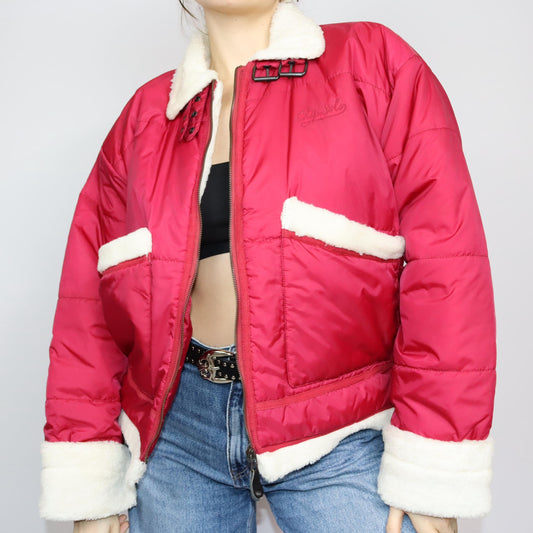 Vintage 80er 90er Y2k CLIPSOLO Pufferjacket gefütterte Jacke Faux Fur rot weiß M/L