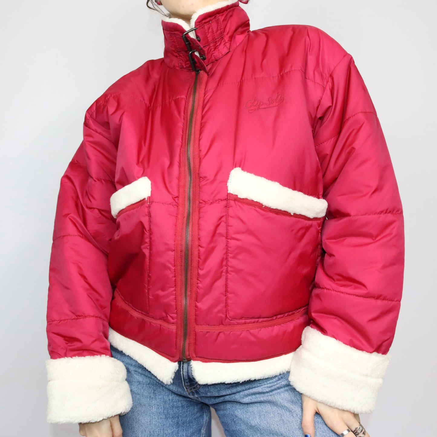 Vintage 80s 90s Y2k CLIPSOLO puffer jacket lined jacket faux fur red white M/L