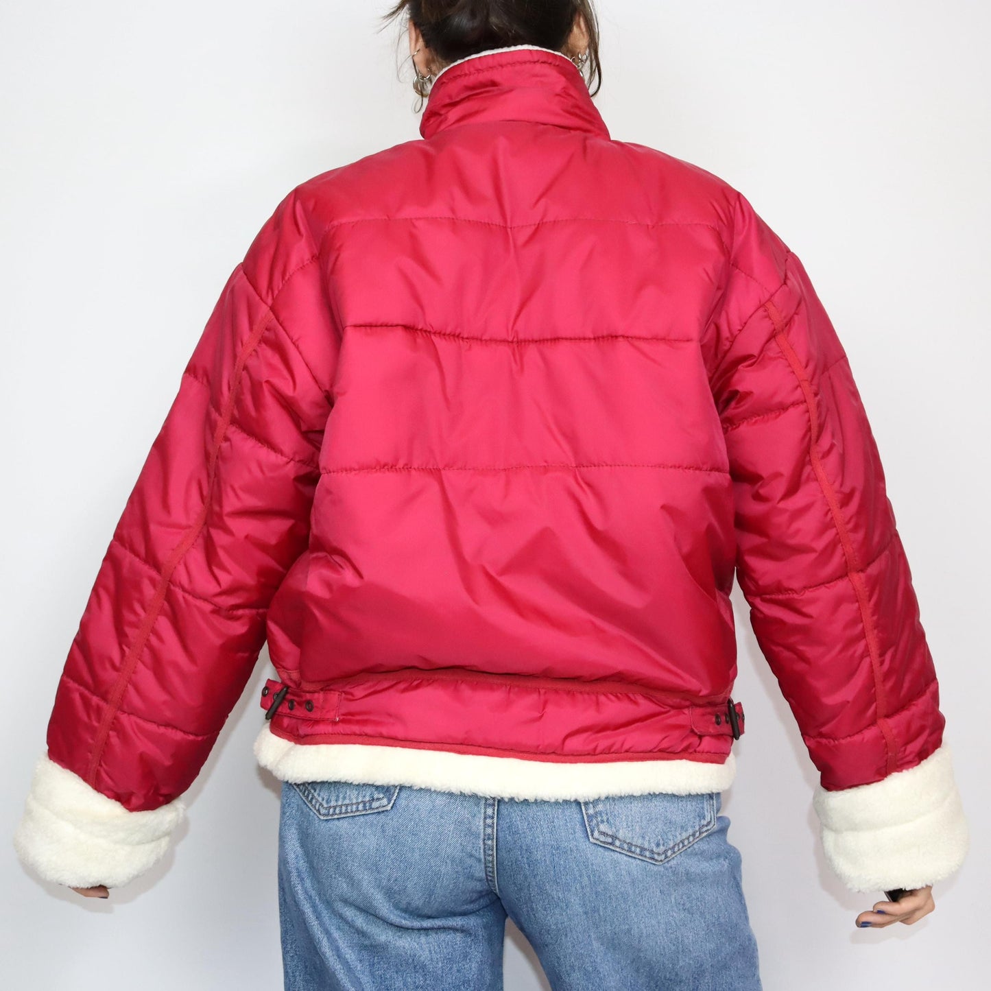 Vintage 80s 90s Y2k CLIPSOLO puffer jacket lined jacket faux fur red white M/L