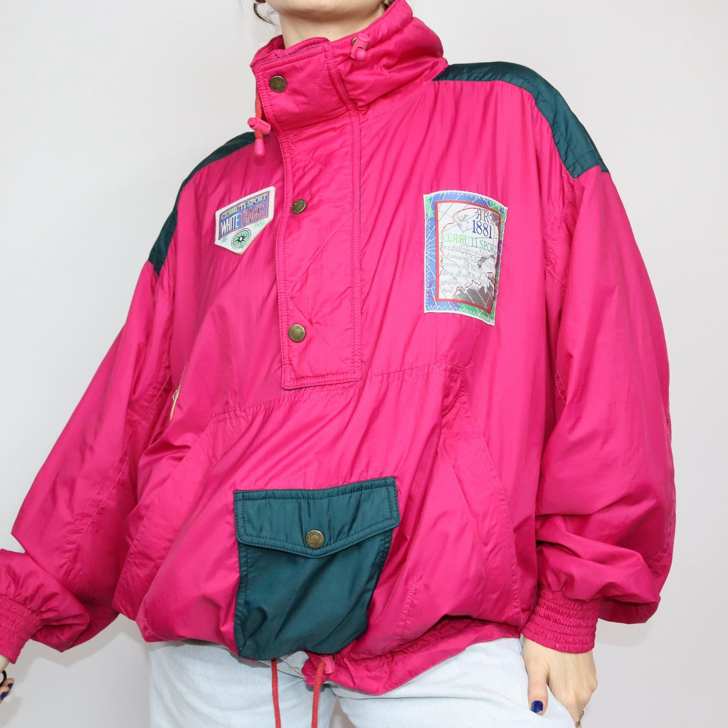 Vintage 80s 90s CERUTTI SPORT windbreaker jacket thin stand-up collar pink patches half zip 50 L