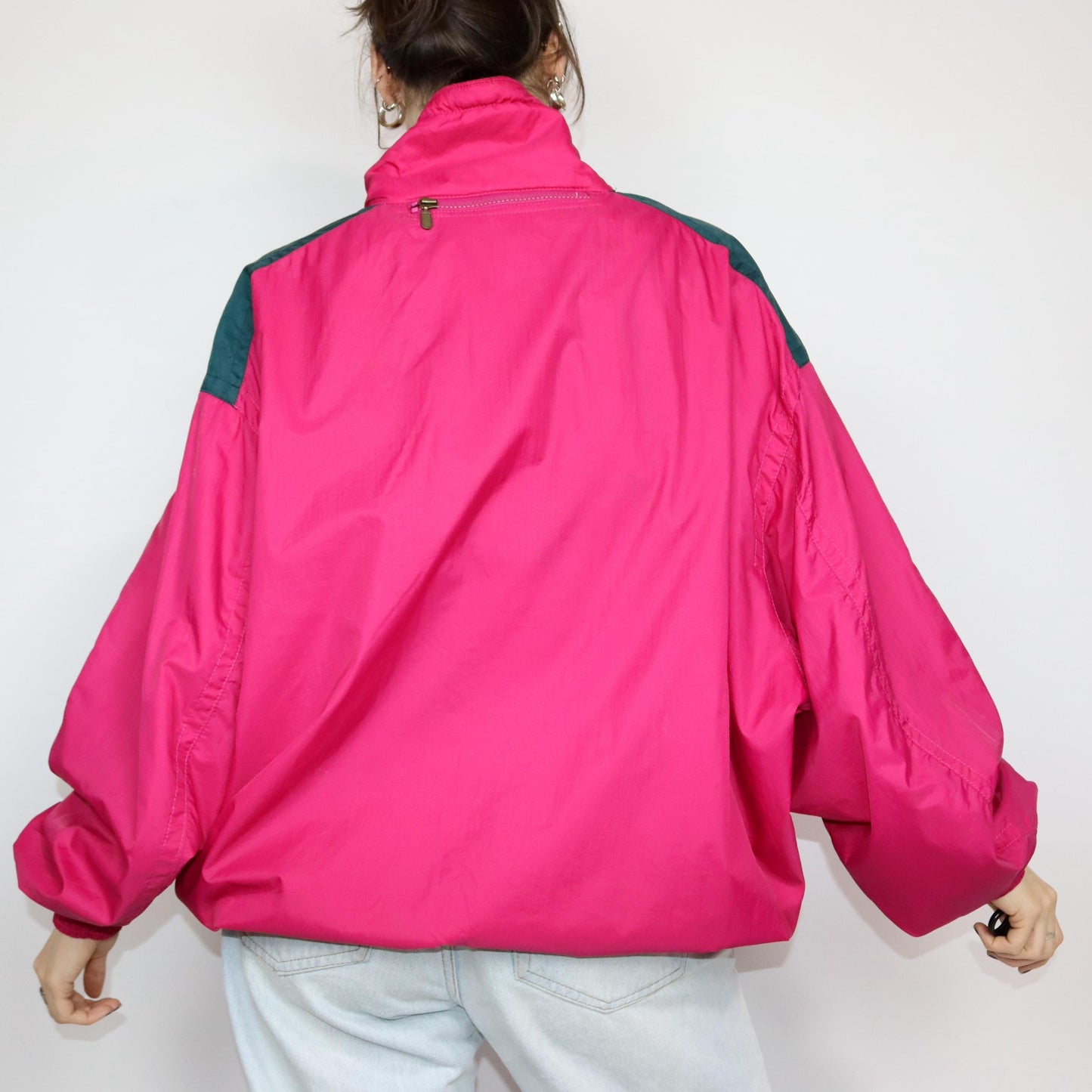 Vintage 80s 90s CERUTTI SPORT windbreaker jacket thin stand-up collar pink patches half zip 50 L