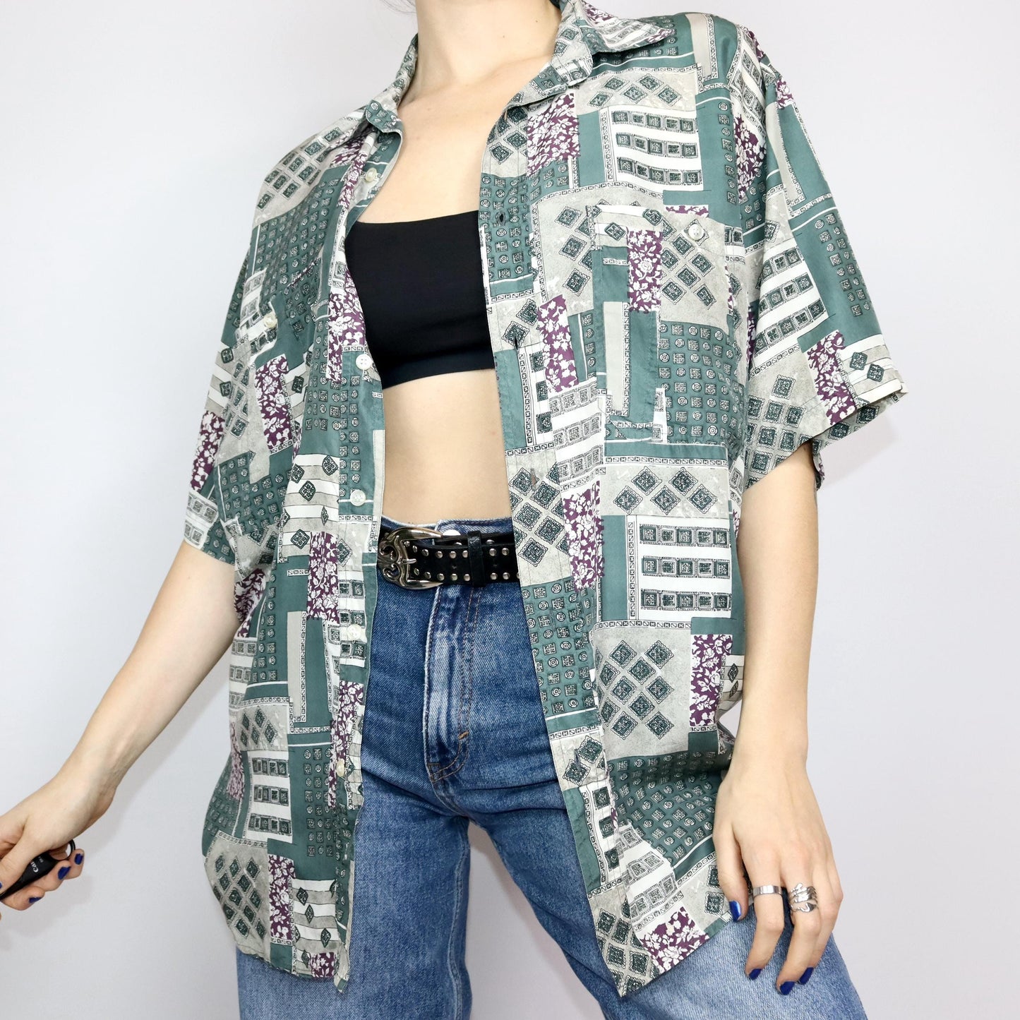 Vintage 80s 90s ONOFF silk shirt short sleeve crazy pattern green purple white M