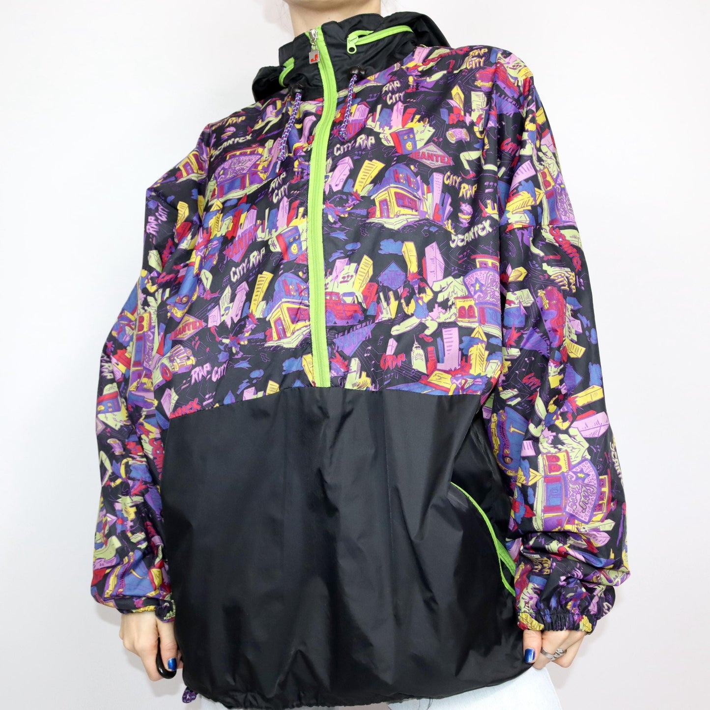 Vintage 80s 90s JEANTEX rain jacket windbreaker black crazy pattern colorful XL