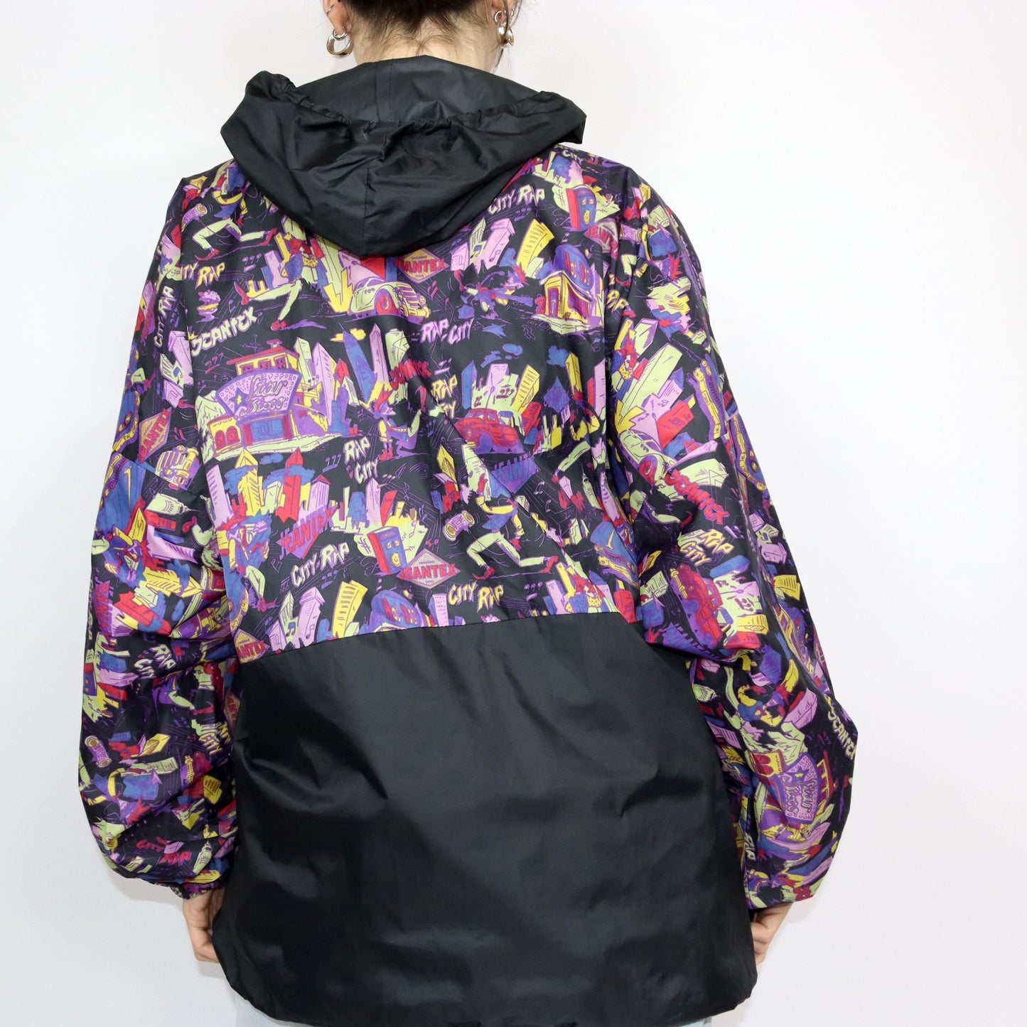 Vintage 80s 90s JEANTEX rain jacket windbreaker black crazy pattern colorful XL