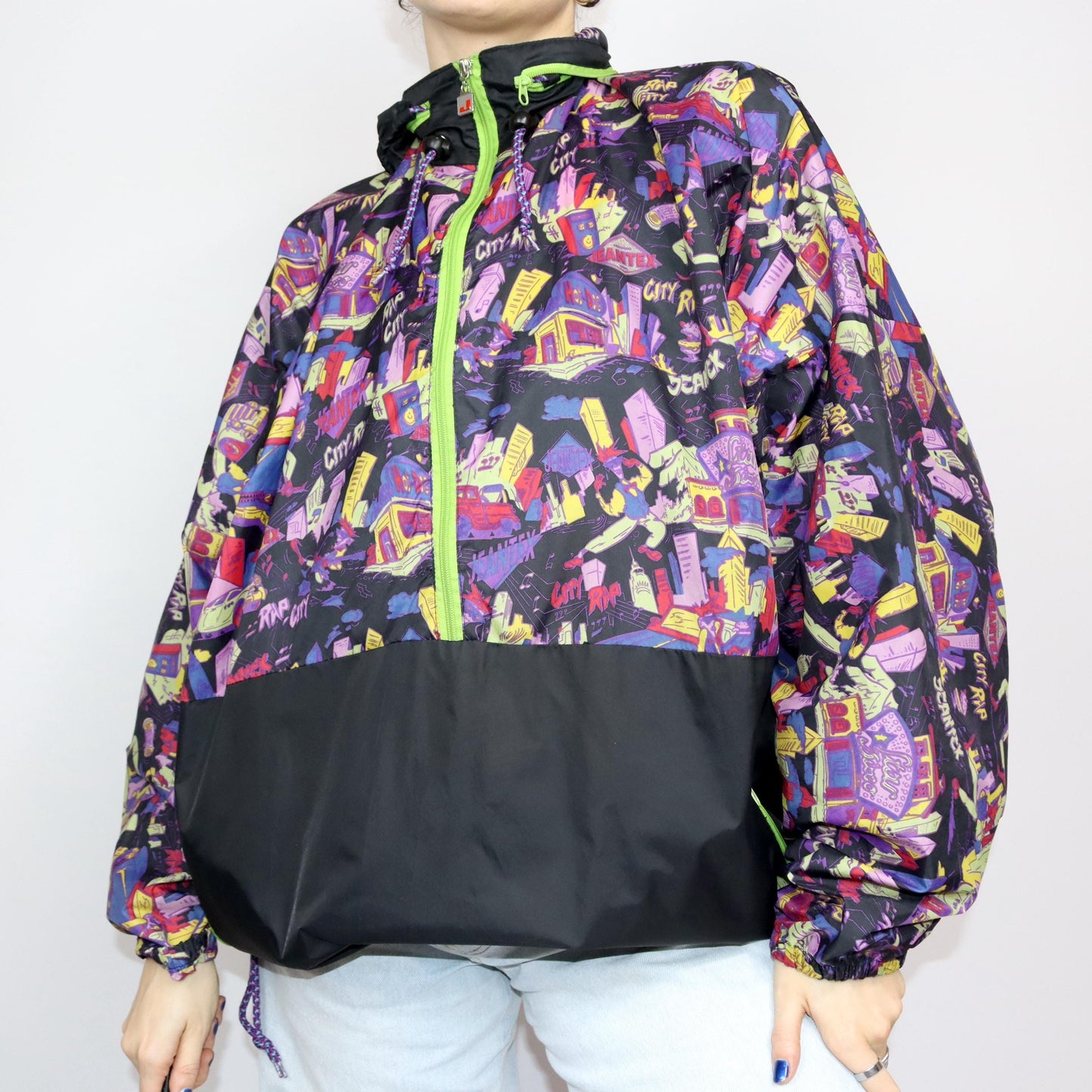 Vintage 80s 90s JEANTEX rain jacket windbreaker black crazy pattern colorful XL