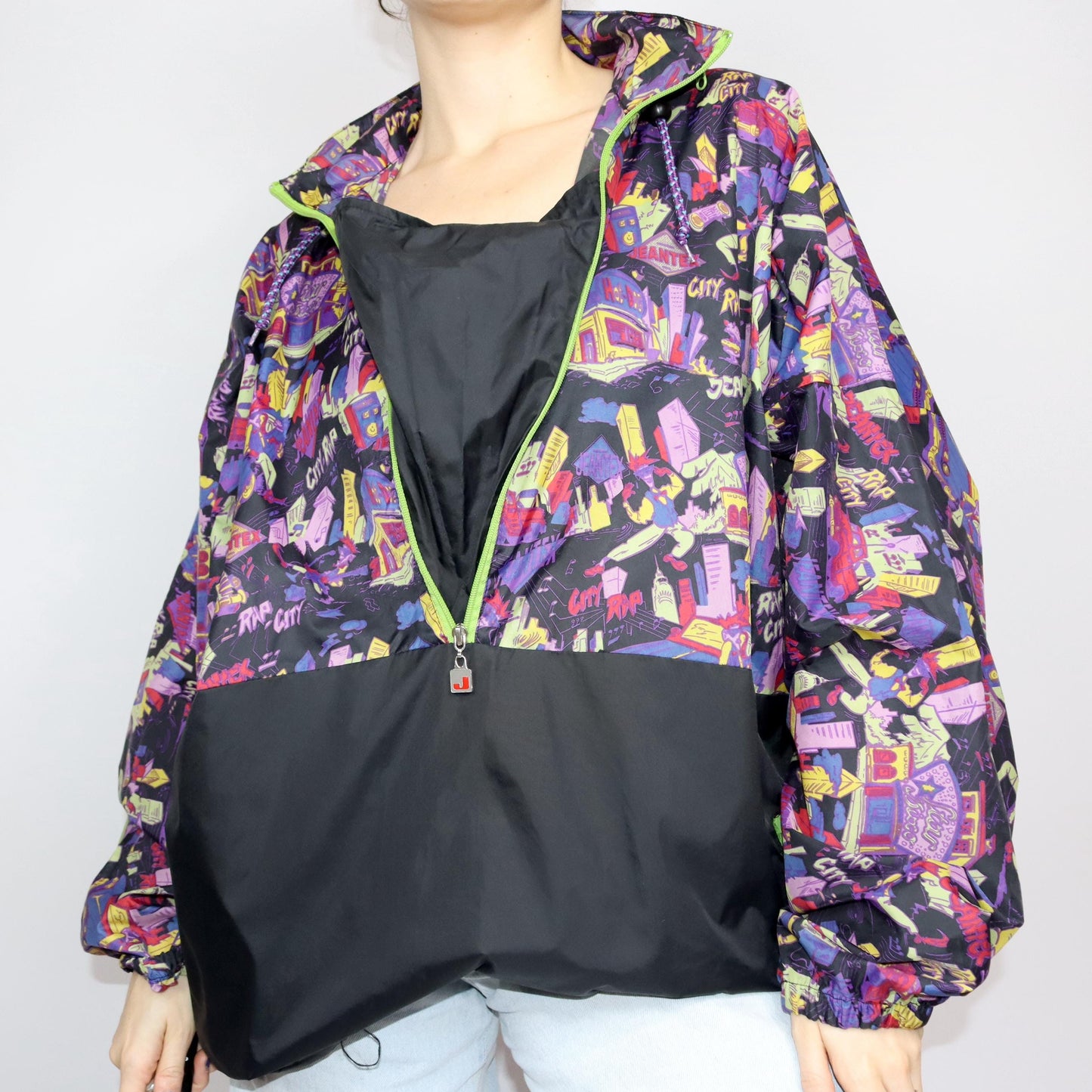 Vintage 80s 90s JEANTEX rain jacket windbreaker black crazy pattern colorful XL