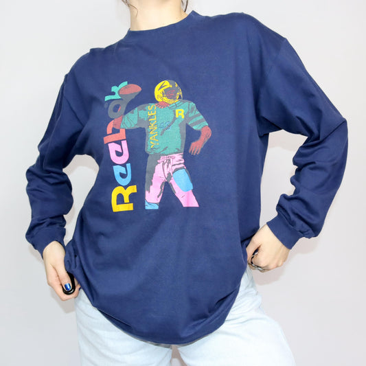 Vintage 80er 90er REEBOK Longsleeve T-Shirt langarm Print Yankees dunkelblau XL