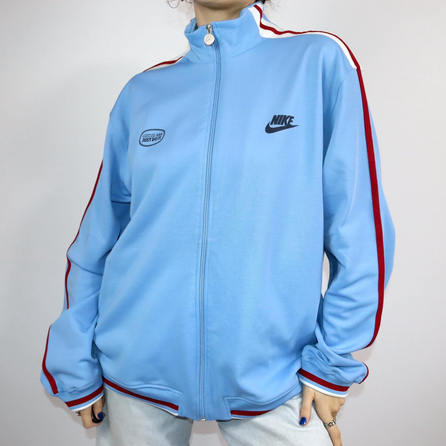 Vintage 90s 00s Y2k NIKE tracksuit jacket stand-up collar light blue red XL
