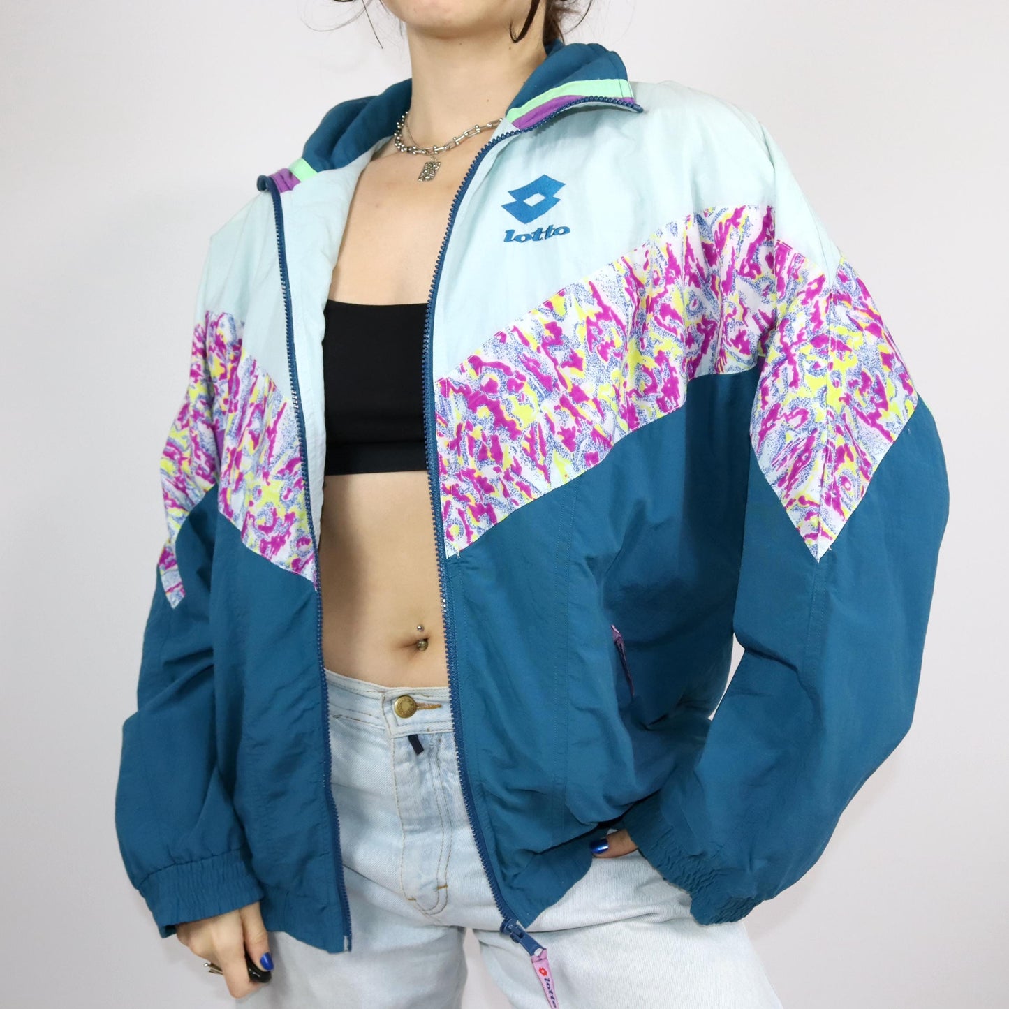 Vintage 80s 90s LOTTO tracksuit jacket stand-up collar colorful crazy pattern L