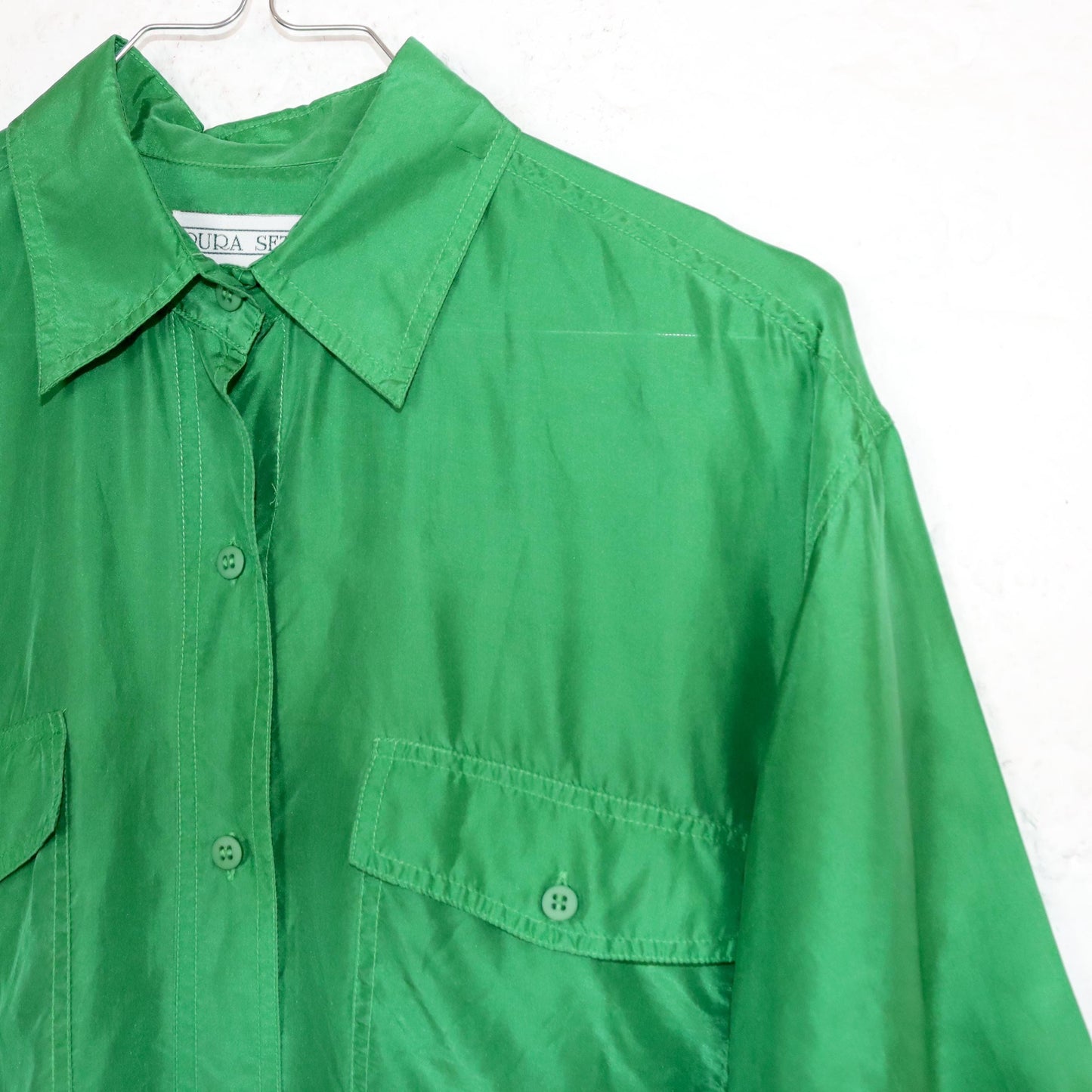 Vintage 80s 90s PURA SETA silk shirt short sleeve silk green S