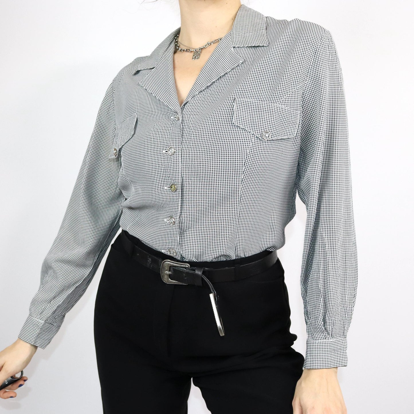 Vintage 80s 90s blouse long sleeve black and white checked viscose M