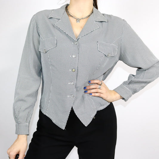 Vintage 80er 90er bluse langarm schwarz weiß kariert Viskose M