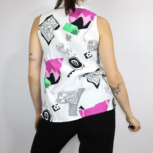 Vintage 80er 90er VALENTINE Bluse ärmellos crazy pattern bunt weiß Viskose 36