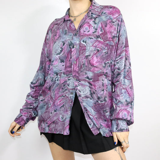 Vintage 80er 90er NEW FAST Hemd langarm crazy pattern Lila Viskose 43/44 S