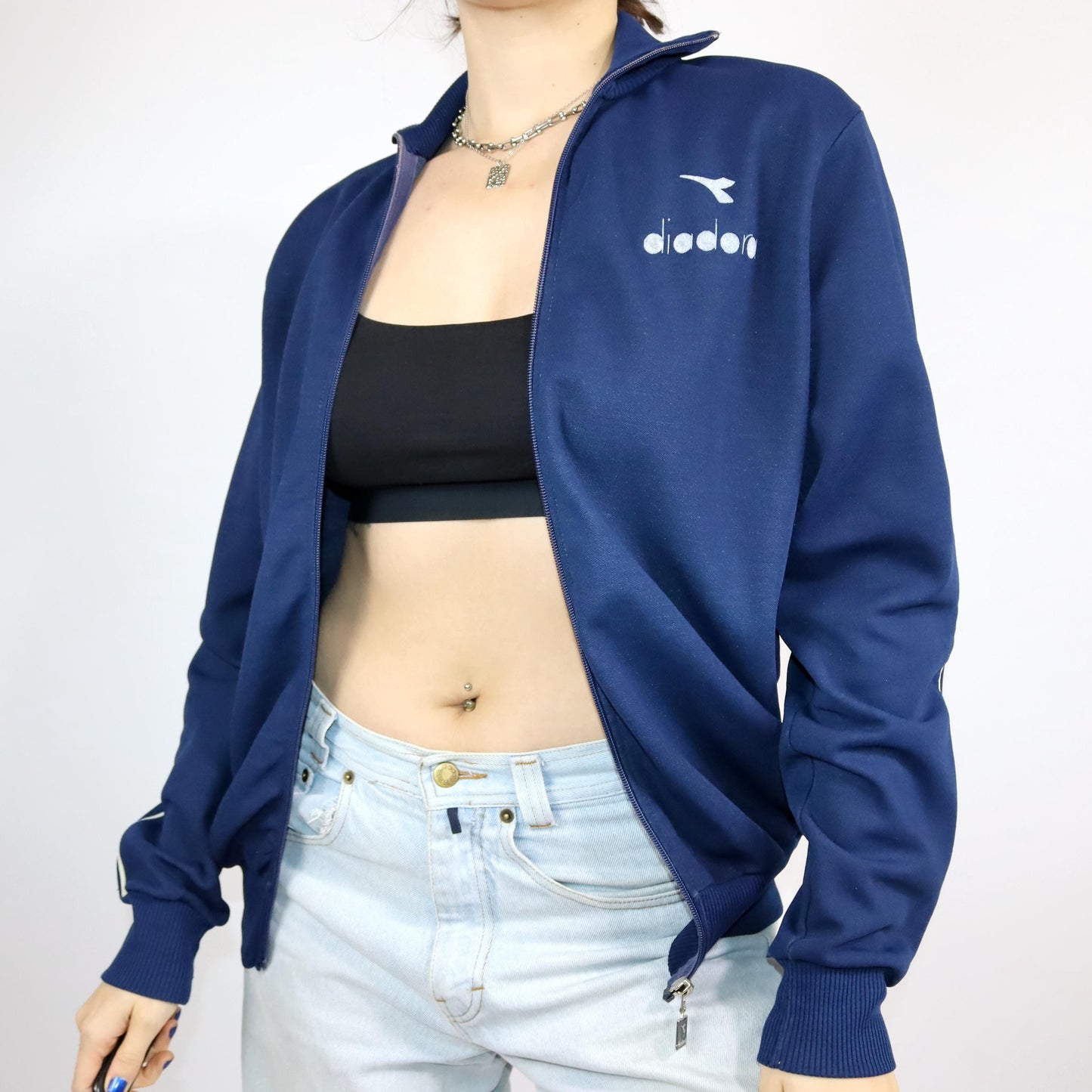 Vintage 80s 90s DIADORA tracksuit jacket stand-up collar dark blue tight M/L