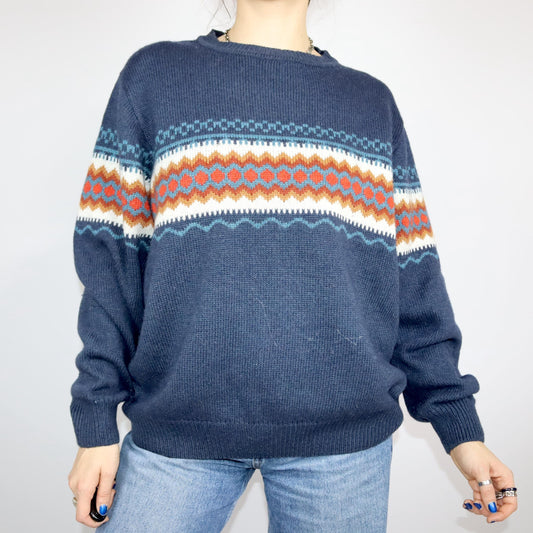 Vintage 80er 90er LUCIANO Wollpullover Strickpullover Wolle dunkelblau gemustert XXL
