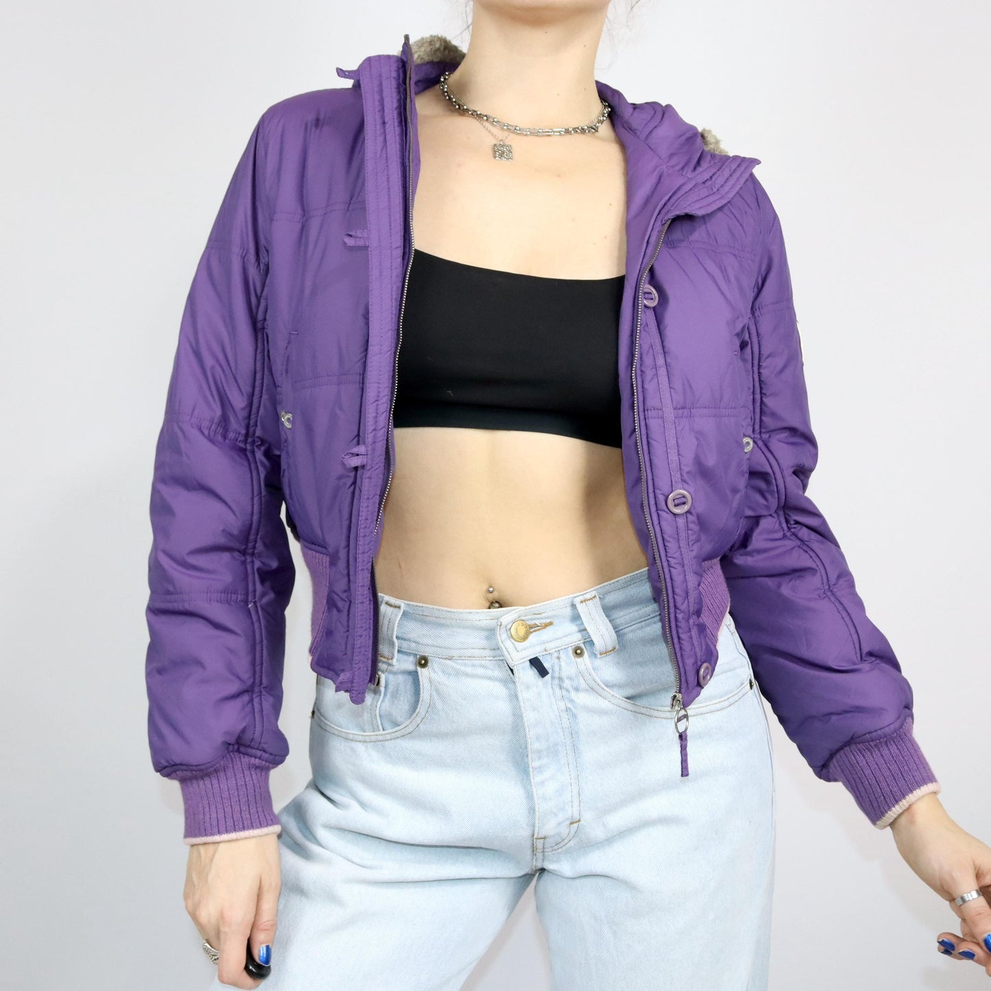 Vintage 80s 90s CHAMPION winter jacket bomber jacket purple hood lined M