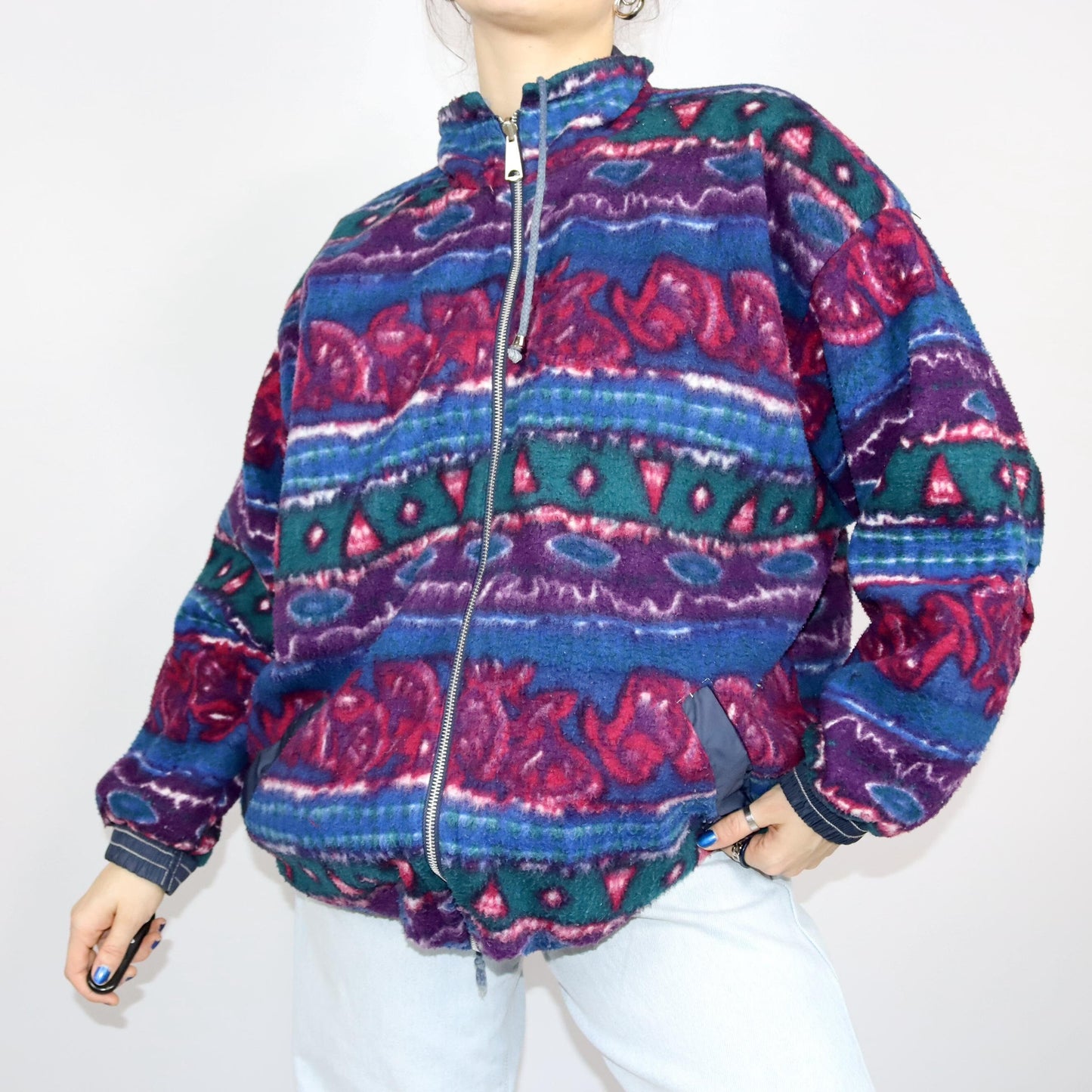 Vintage 80s 90s MERRYL reversible jacket windbreaker fleece jacket dark blue crazy pattern 46/48 L
