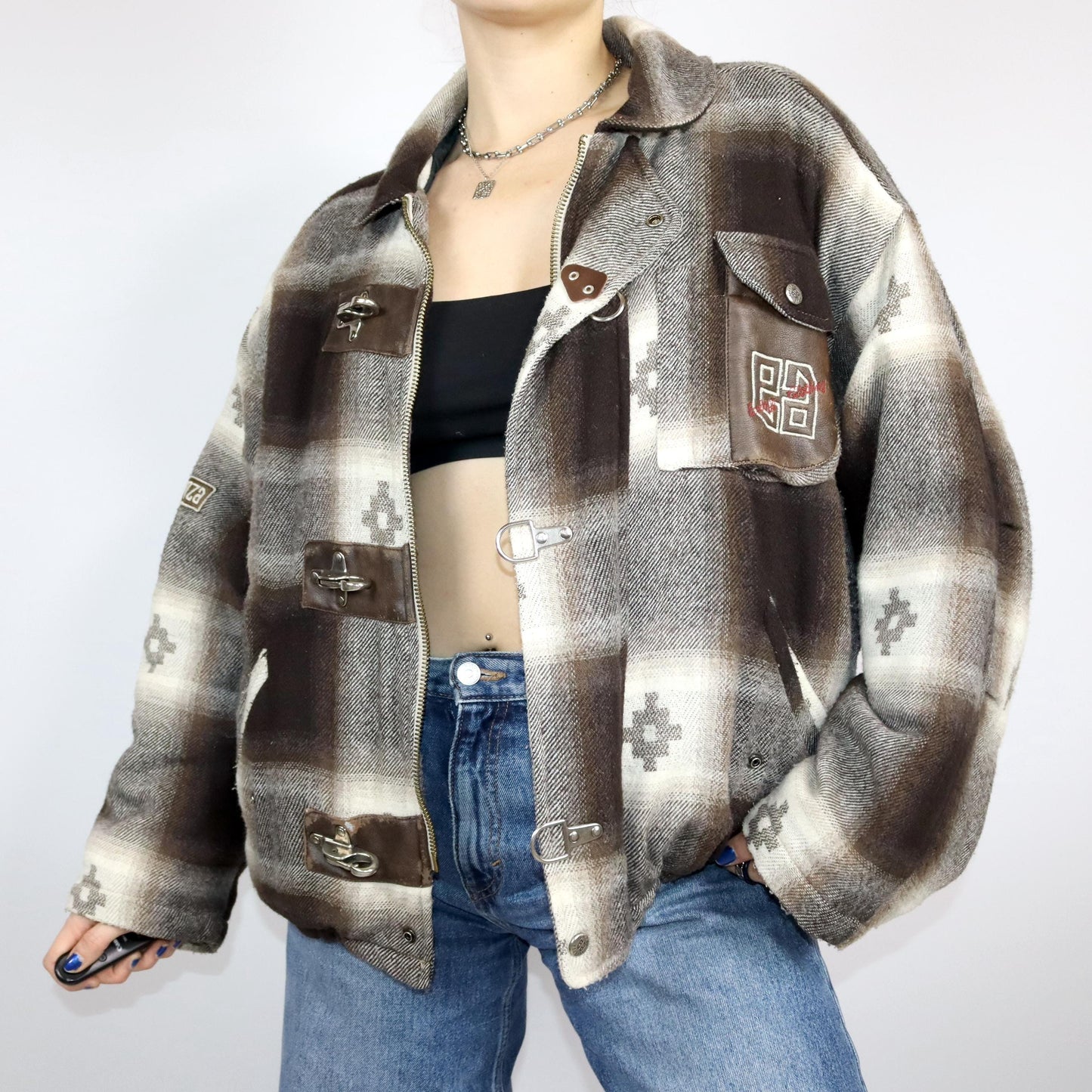 Vintage 80s 90s ESSENZA winter jacket lightly lined patterned beige brown wool M