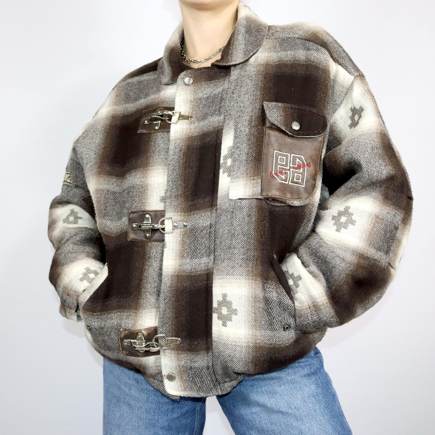Vintage 80s 90s ESSENZA winter jacket lightly lined patterned beige brown wool M
