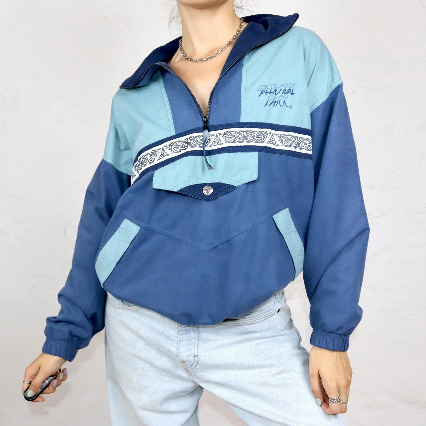 Vintage 80s 90s GREEKSTROKE PARK jacket overcoat stand-up collar blue velvet S