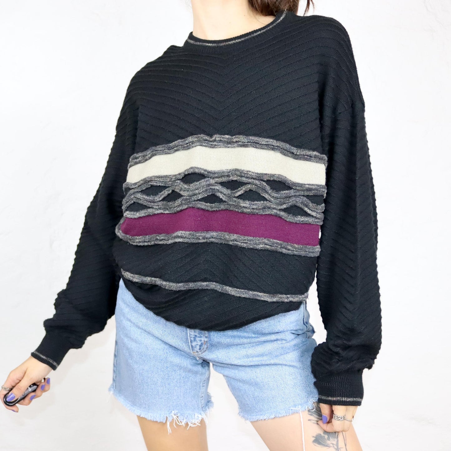 Vintage 80er 90er PELO Wollpullover Pullover Wolle schwarz beige lila 50 W.-Germany L