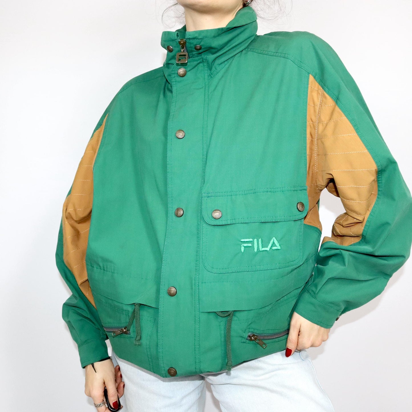 Vintage 80s 90s FILA thin jacket transition jacket green beige with hood L