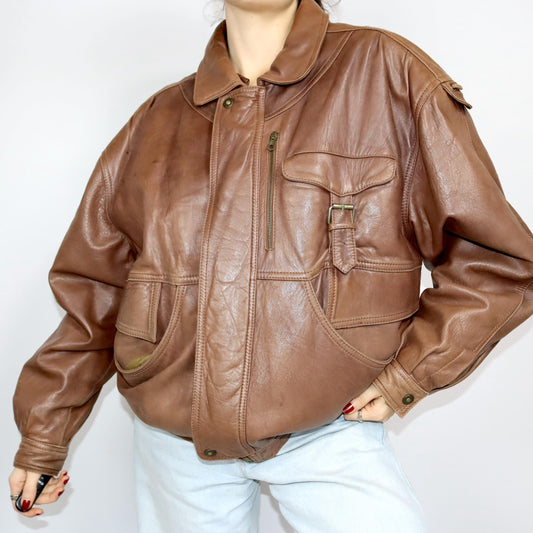 Vintage 80er 90er Lederjacke Jacke Leder braun Reißverschluss L