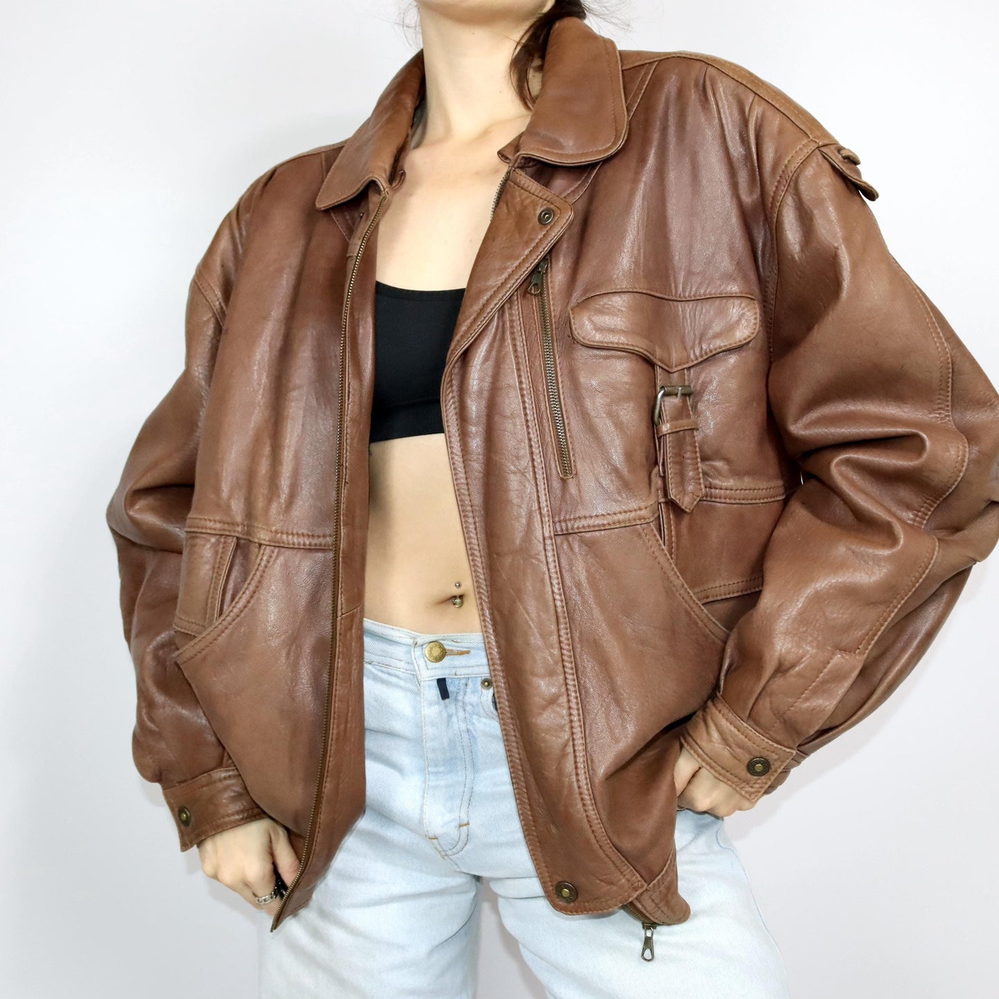 Vintage 80s 90s leather jacket jacket leather brown zipper L
