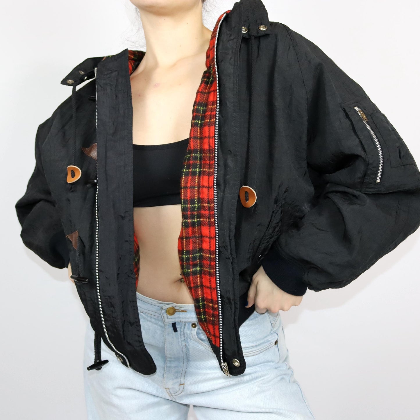 Vintage 80s 90s bomber jacket winter jacket black lightly lined inside checked hood L