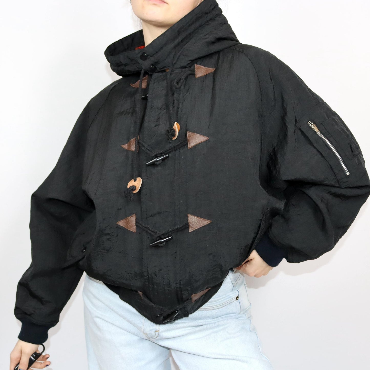 Vintage 80s 90s bomber jacket winter jacket black lightly lined inside checked hood L