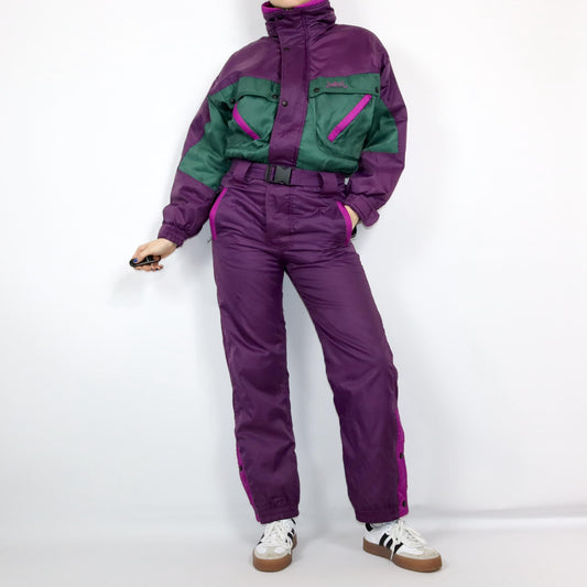 Vintage 80er 90er SNOWANDFREEDOM Skianzug Schneeanzug Einteiler dunkelgrün lila M