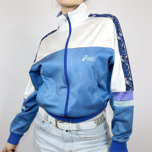 Vintage 80er 90er ASICS Trainingsjacke Jacke Stehkragen weiß blau M 48
