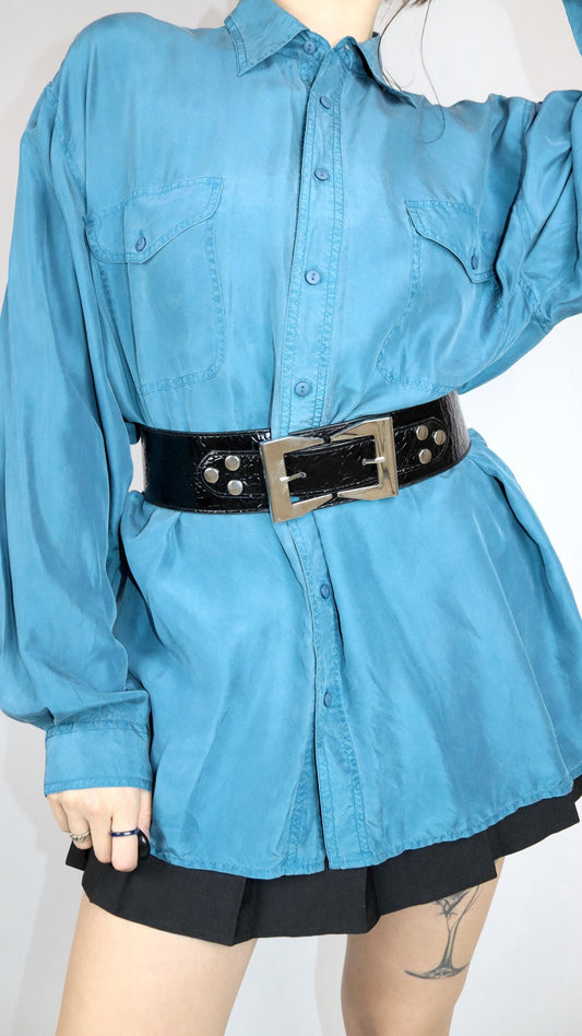 Vintage 80er 90er Gürtel schwarz breit Nieten Schnalle silber Made in Italy 80 cm