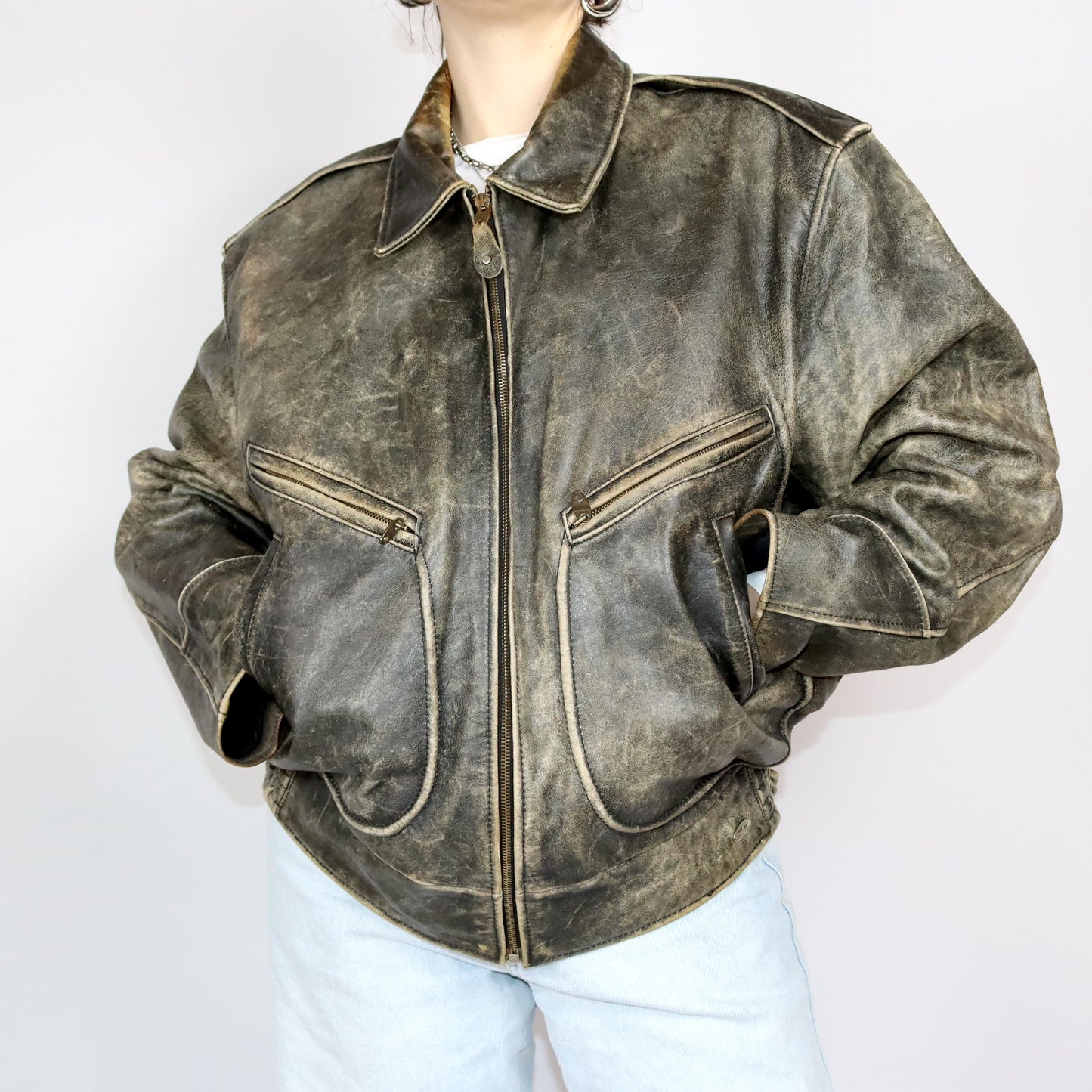 Vintage 80s 90s CHEVIGNON leather jacket used look genuine leather XXL