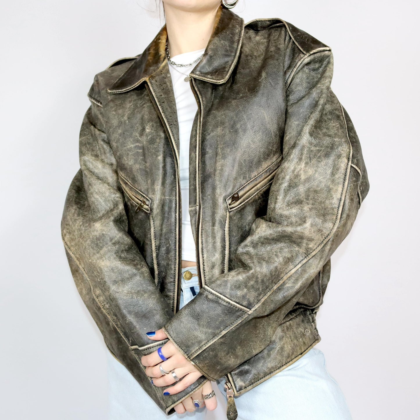 Vintage 80s 90s CHEVIGNON leather jacket used look genuine leather XXL