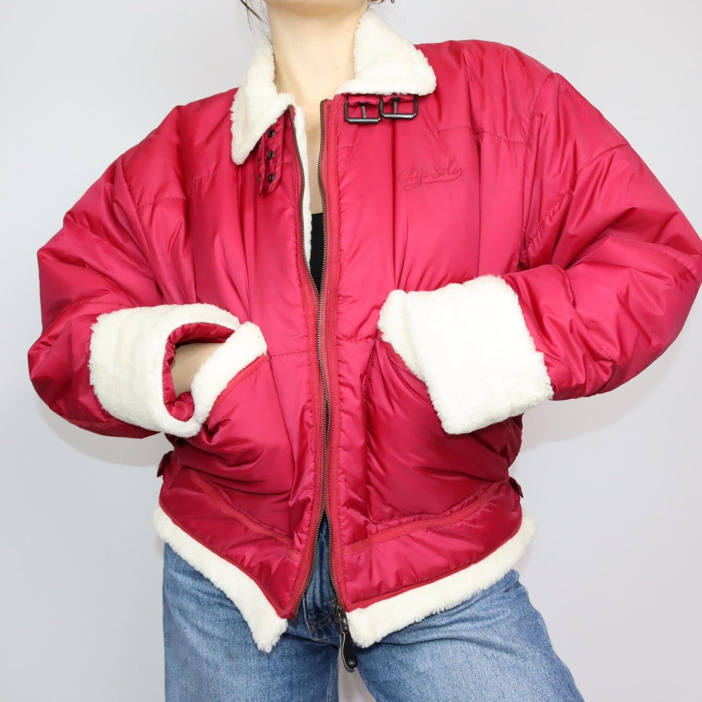 Vintage 80s 90s Y2k CLIPSOLO puffer jacket lined jacket faux fur red white M/L
