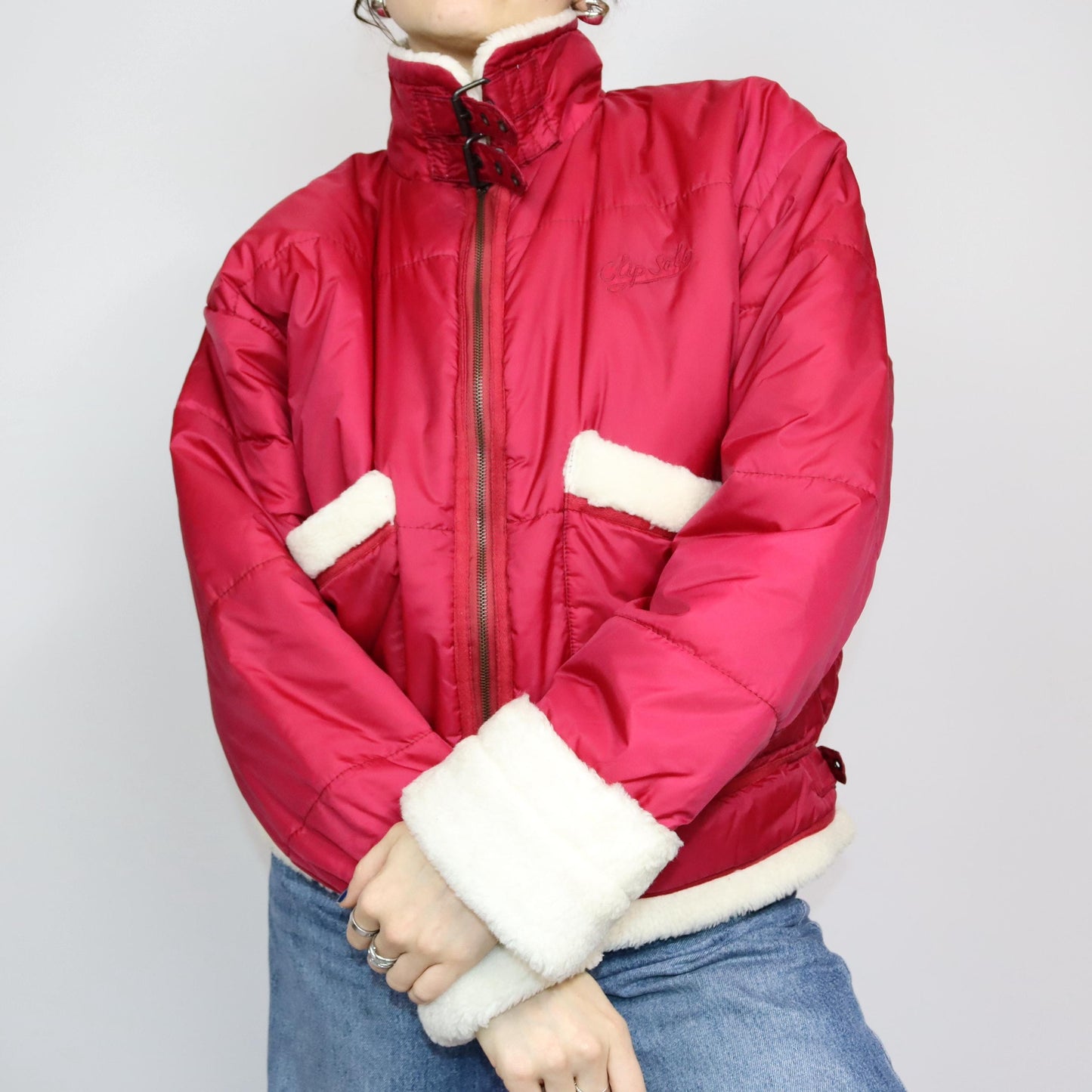 Vintage 80s 90s Y2k CLIPSOLO puffer jacket lined jacket faux fur red white M/L