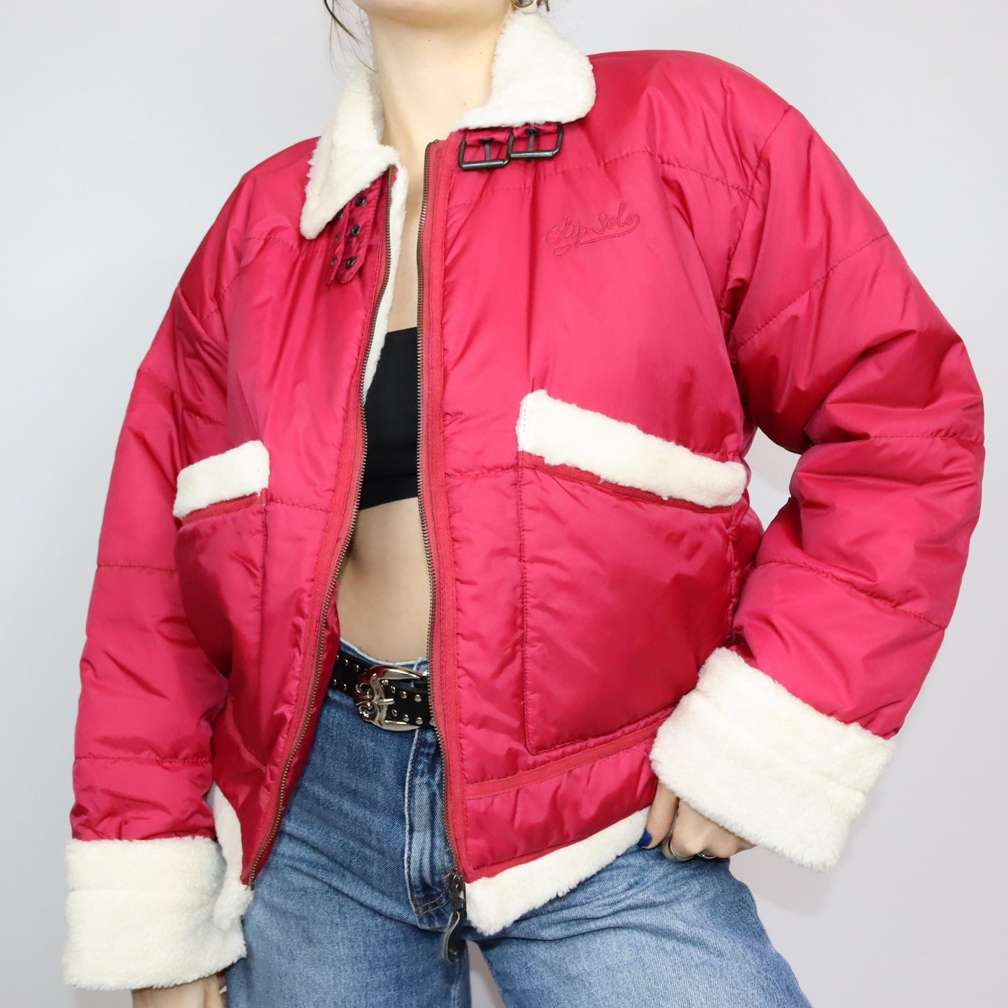 Vintage 80s 90s Y2k CLIPSOLO puffer jacket lined jacket faux fur red white M/L