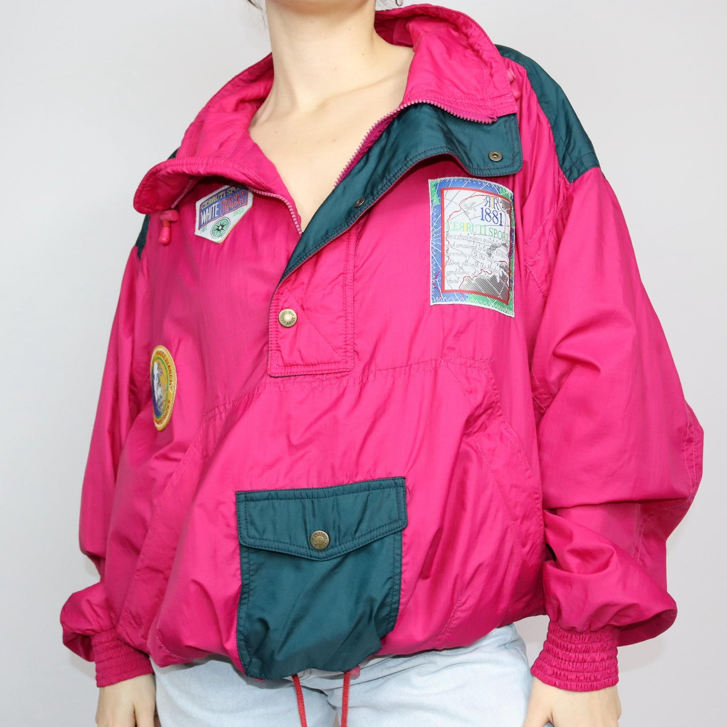 Vintage 80s 90s CERUTTI SPORT windbreaker jacket thin stand-up collar pink patches half zip 50 L
