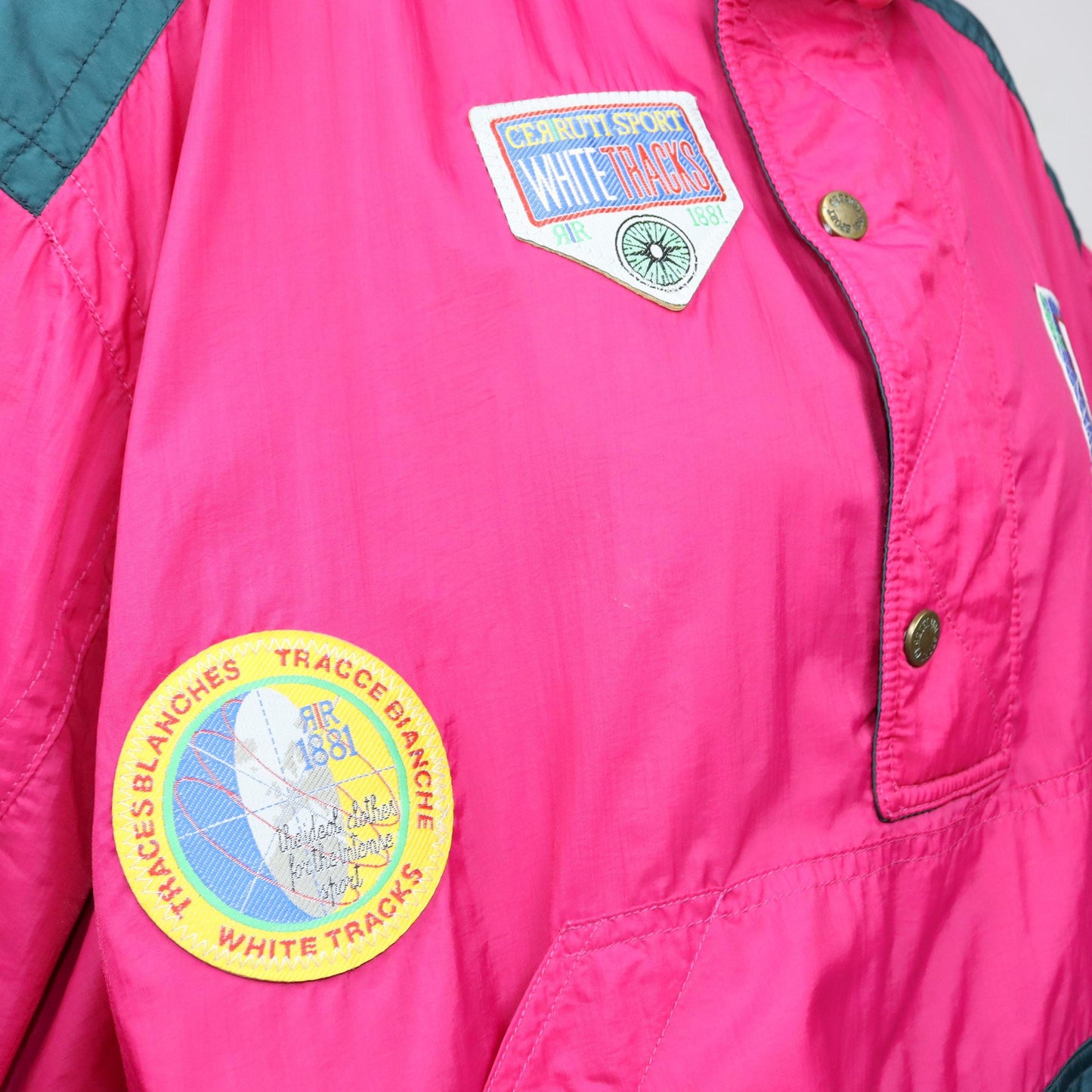 Vintage 80s 90s CERUTTI SPORT windbreaker jacket thin stand-up collar pink patches half zip 50 L