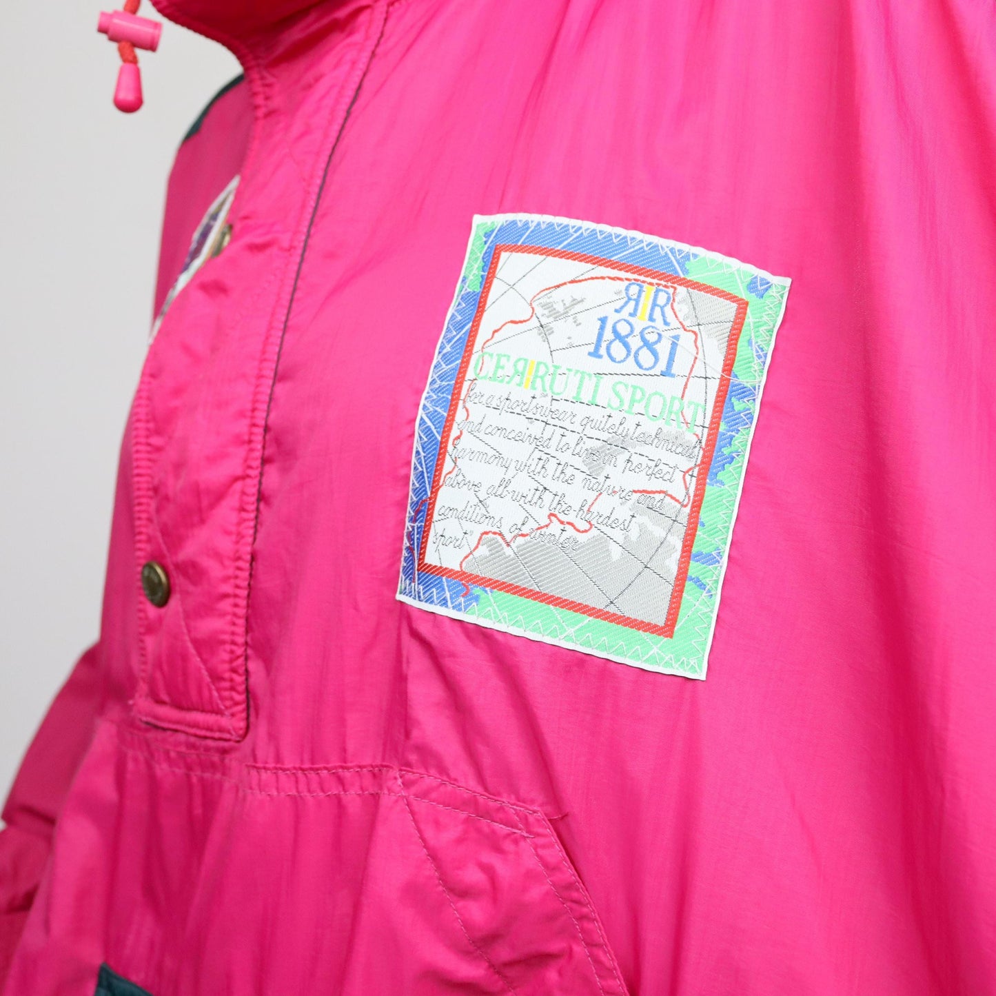 Vintage 80s 90s CERUTTI SPORT windbreaker jacket thin stand-up collar pink patches half zip 50 L