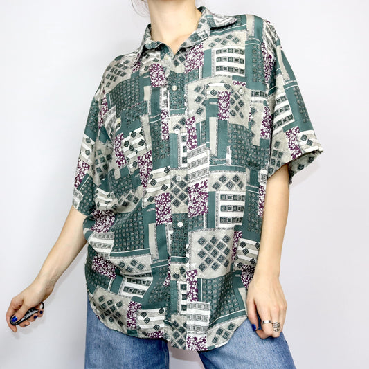 Vintage 80er 90er ONOFF Seidenhemd Hemd kurzarm crazy pattern grün lila weiß M