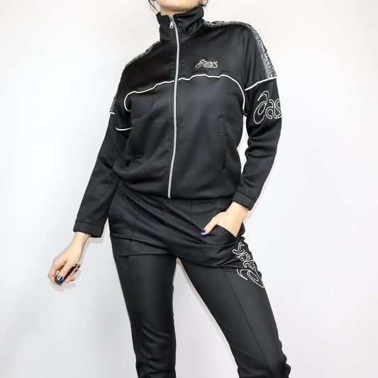 Vintage 80er 90er ASICS Trainingsanzug Jacke und Jogginghose schwarz grau weiß 38 S/M
