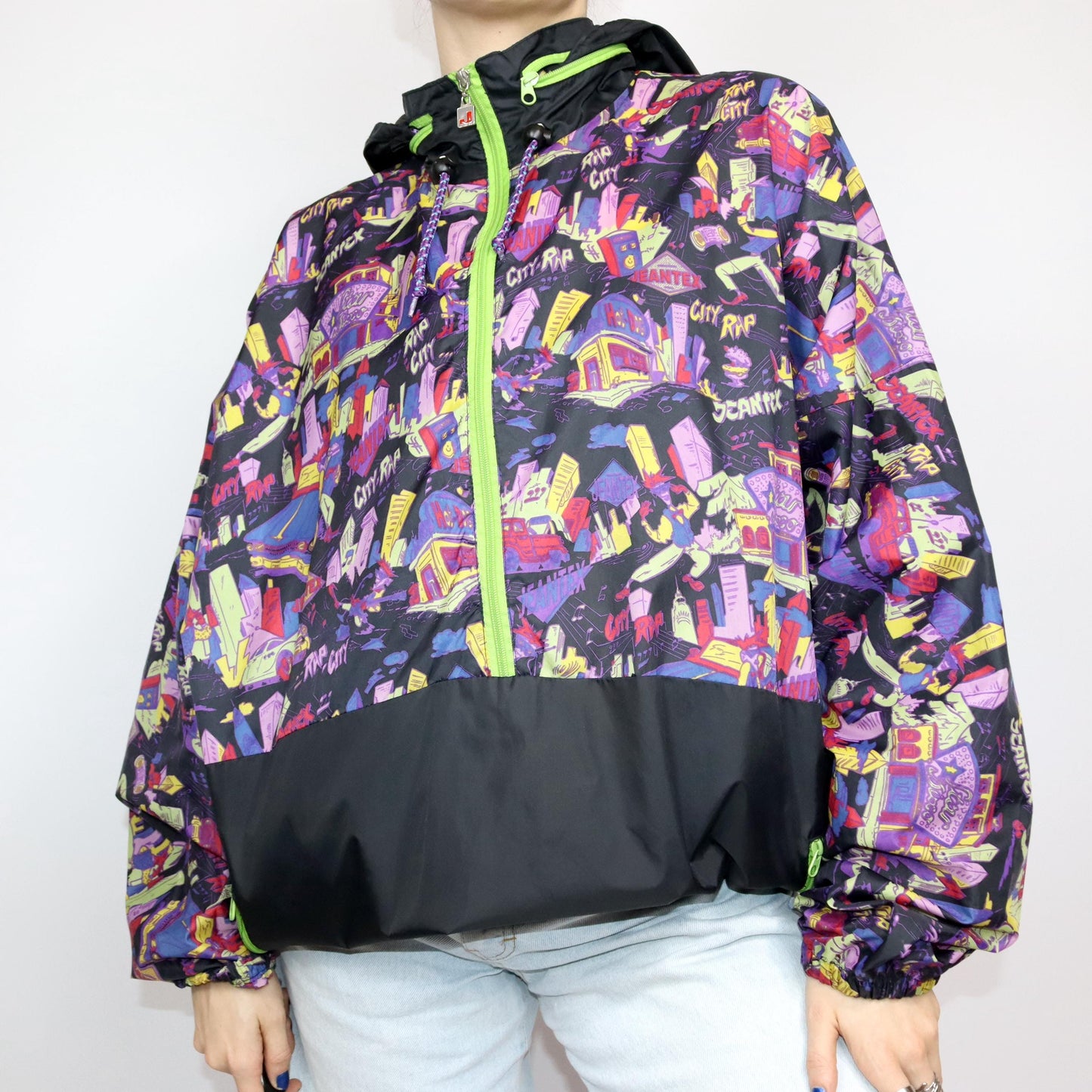 Vintage 80s 90s JEANTEX rain jacket windbreaker black crazy pattern colorful XL