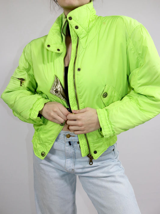 Vintage 80er 90er ELLESSE Winterjacke Bomberjacke gefüttert neongrün S