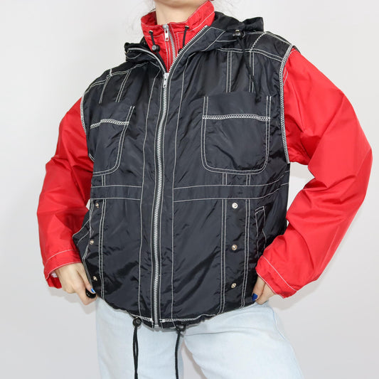 Vintage 80er 90er Regenjacke Windbreaker 2in1 Jacke und Weste rot schwarz L